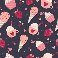 Seamless Pattern withValentines Day handdrawn decoration element. Heart, ice cream, strawberry,cupcakes. Wrapping paper,cards,posters etc vector