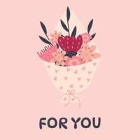 Cute card with for you text and bouquette of flowers on pink background. Greeting card for birthday,valentines day,8 march etc vector