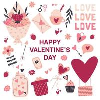 Set of elements for st. Valentines day in handdrawn style on white background in pink,purple and viva magenta. vector