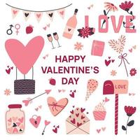 Set of elements for st. Valentines day in handdrawn style on white background in pink,purple and viva magenta. vector