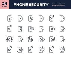 Phone security vector line icon set. Smartphone network security symbols. Telephone internet privacy and protection icon collection. Editable pixel perfect