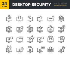 conjunto de iconos de línea de vector de seguridad de escritorio. colección de iconos de protección y privacidad de la computadora. símbolos de seguridad de la red informática. píxel perfecto editable