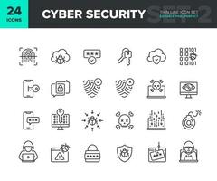 conjunto de iconos de línea de vector de seguridad cibernética. colección de iconos de privacidad y protección de Internet. símbolos de seguridad de la red de computadoras y teléfonos inteligentes. píxel editable perfecto. parte 2