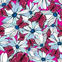 patrón floral transparente con mariposas monarca magenta en flores de margarita vector