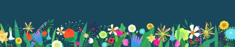 Floral horizontal banner on dark blue background. Spring wild blooming flowers border. Herbal plants decoration. Delicate summer field and meadow wildflowers. Botanical abstract blooms on frame bottom vector