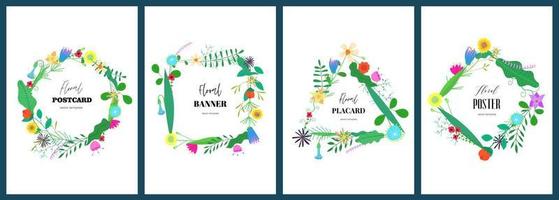 Banner templates with abstract drawing flowers geometric figure wreath set. Round, triangular, square and rhombus floral bouquet art card collection. Spring and summer blooms poster. Herbal eps plants vector