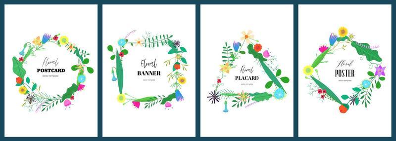 Banner templates with abstract drawing flowers geometric figure wreath set. Round, triangular, square and rhombus floral bouquet art card collection. Spring and summer blooms poster. Herbal eps plants