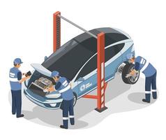 EV Electric Car Service center Inspection Inspector Auto Engineer and Motor Technician  Maintenance and Repair Cost isometric vector isolated illustration