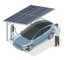 EV Electric Car Charging Parking Station Clean Energy from Solar cell ecology Concept isometric vector isolated