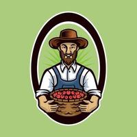 Farmer mascot holding a basket full of fruit vector