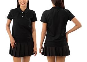 Young woman in black polo shirt mockup isolated on white background with clipping path photo