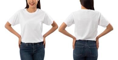 Mujer joven en maqueta de camiseta blanca aislada sobre fondo blanco con trazado de recorte foto