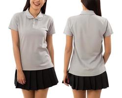 Young woman in grey polo shirt mockup isolated on white background with clipping path photo