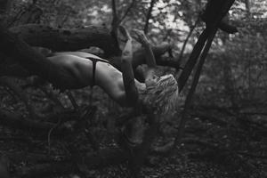 Elegant naked lady on fallen tree monochrome scenic photography photo