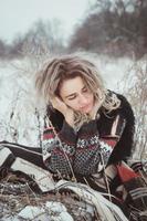 Close up dreaming woman outdoors in winter portrait picture photo