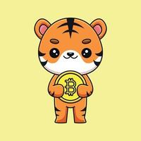 lindo tigre sosteniendo bitcoin caricatura mascota garabato arte dibujado a mano esquema concepto vector kawaii icono ilustración