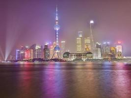 Panoramic picture of skyscrapers of Pudong district from the Bund in Shanghai at night in winter photo