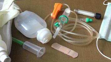 Disposable infusion set and syringes for medical, health care or pharmacy themes. Medical environment. video