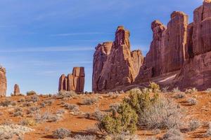 Panoramic picture of natural and geological wonders of Arches national park in Utah in winter photo