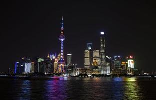 Panoramic picture of skyscrapers of Pudong district from the Bund in Shanghai at night in winter photo