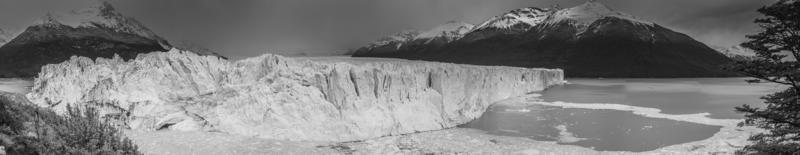 Panoramic black and white image of Perito moreno glacier in argentine part of patagonia photo
