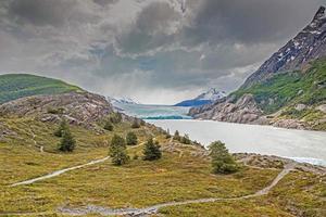 Panoramic image over Lago Grey with icebergs in Torres del Paine National Park in Patagonia photo