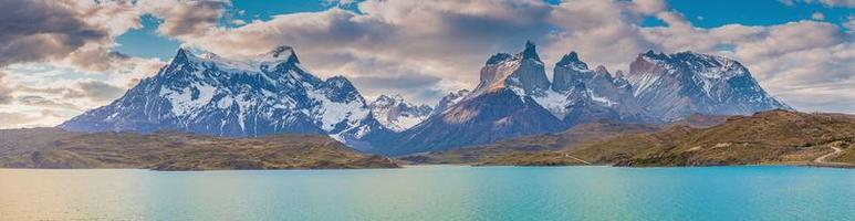 Panoramic image of the mountain massif in Torres del Paine National Park in chilean part of Patagonia photo