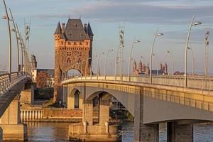 View of the Nibelungen Tower and Nibelungen Bridge in Worms without traffic and people photo