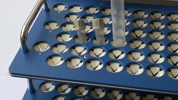 Placing test tubes in rack. Close up view of rack with test tubes in biochemistry laboratory. video