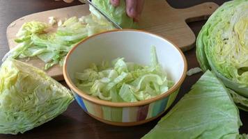 hojas de ensalada fresca de lechuga iceberg.los patrones geométricos de las hojas dentro del corazón de una ensalada de lechuga lactuca sativa cortada y en rodajas video