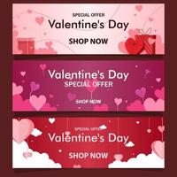 3 banners horizontales en diferentes estilos y colores con espacio para texto. feliz día de san valentín venta encabezado o plantilla de cupón en colores pastel ilustraciones vectoriales eps10 vector