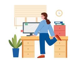 estiramientos en el lugar de trabajo. ilustración de estilo plano de una mujer que tiene un breve descanso mientras trabaja en la computadora, descansando y estirando la pierna. vector