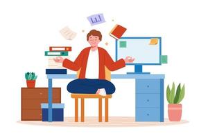 Businessman meditating in lotus position flat illustration. Office worker relaxing in padmasana pose with documents and book flying around him. vector