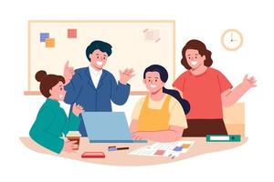 Team of workers working together on a laptop in office. Flat vector illustration.