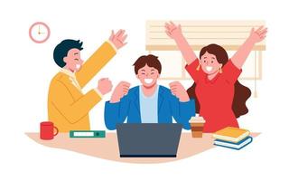 Happy people in casual wear looking at the laptop rejoicing success with arms up. Flat illustration of business team celebrating success.