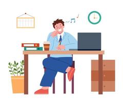 Businessman singing while working at his desk in office. Flat style illustration of male employee enjoying working at office. vector