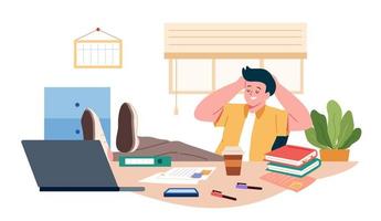 Flat style illustration of a man with legs on table relaxing dreaming on workplace with laptop and documents vector