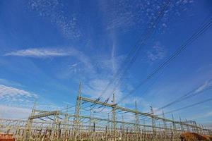 Picture of a transformer station with many insulators and cables during the day photo