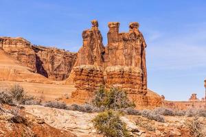 Panoramic picture of natural and geological wonders of Arches national park in Utah in winter photo