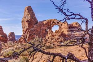 imagen panorámica de las maravillas naturales y geológicas del parque nacional arches en utah en invierno foto