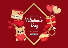 Valentine day sale on red background with valentine elements vector