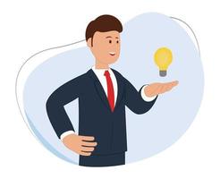 cartoon man with a light bulb in his hand. cartoon businessman with light bulb in his hand. concept of finding ideas vector