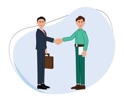 businessman shaking hands to smiling businessmen shaking hands after successful meeting. flat vector cartoon illustration of businessmen shaking hands