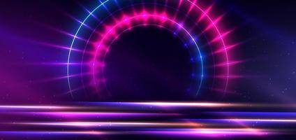 tecnología abstracta círculo de neón futurista líneas de luz azul y rosa brillantes con efecto de desenfoque de movimiento de velocidad sobre fondo azul oscuro.