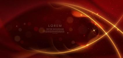 Abstract gold lighting curved on red background with lighting effect and sparkle bokeh. Luxury design style. vector