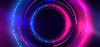 Abstract technology futuristic neon circle glowing blue and pink  light lines with speed motion blur effect on dark blue background. vector