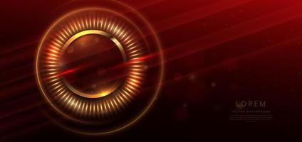 3D gold circle on dark red background with lighting effect and space for text. Luxury design style. vector