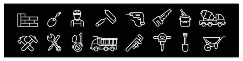 builder tools Construction site workflow and management design icons,Machinery and building equipment outline line logo,for design on black background. vector