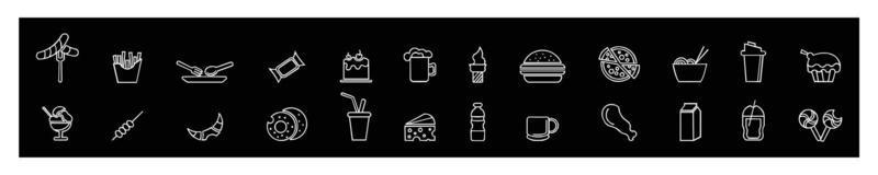 Fast food, drink and groceries line vector icon set ,Food products.form on black background