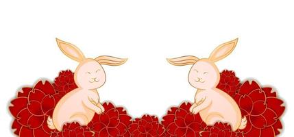 Rabbit vector and red flower on white background lunar new year concept. Design ornament for printing on cards, invitations